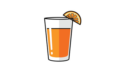 A cheerful, refreshing vector illustration depicting a tall, slender glass full of vibrant, natural orange juice, perfectly garnished with a fresh