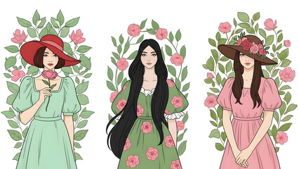 Illustration of three women in floral dresses and hats