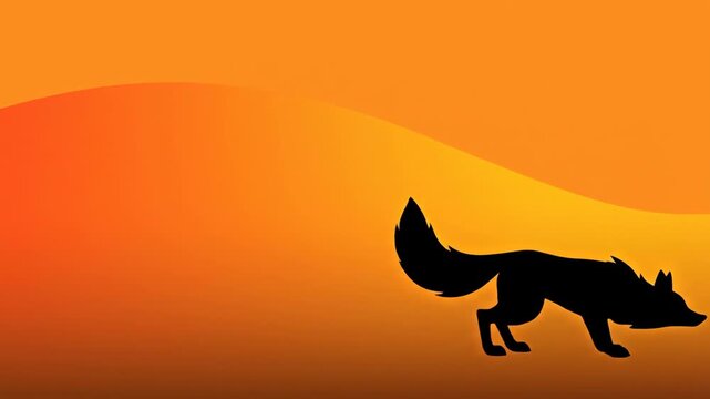 Silhouette of a fox running across a desert landscape at sunset.