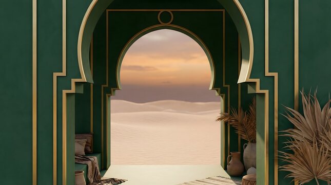 3D Interior Design of an Arabic Archway Overlooking a Vast Sand Desert at Sunset