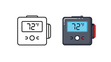 Fototapeta premium Digital thermometer icon set featuring a detailed colored version and a simple outline style displaying seventy two degrees fahrenheit measurement
