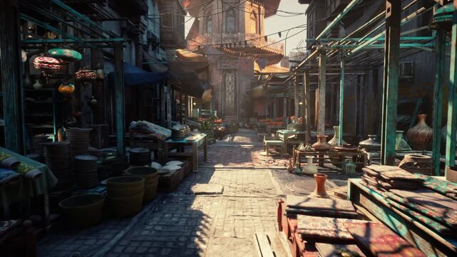sunlit narrow market street empty stalls, dusty cobblestone path lined with pottery, baskets, textiles and wooden crates warm golden light filters