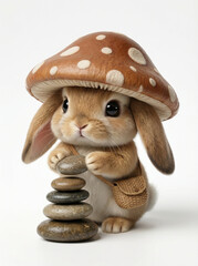 Cute Zen Bunny with Mushroom Hat Stacking Balanced Stones on White Background