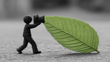 Man carrying large green leaf outdoors.
