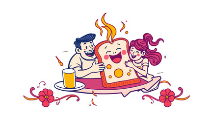 Happy Family Breakfast With Smiling National Toast Day Cartoon Illustration Cute Food Character Concept