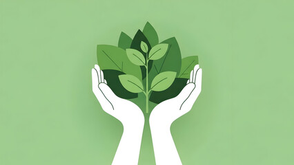 Eco friendly hands holding green leaves on light green background