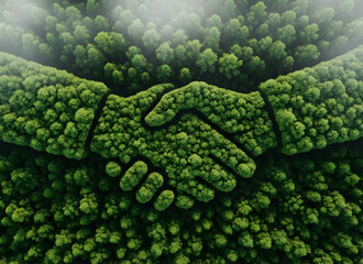 Aerial view of handshake formed by green trees in forest landscape