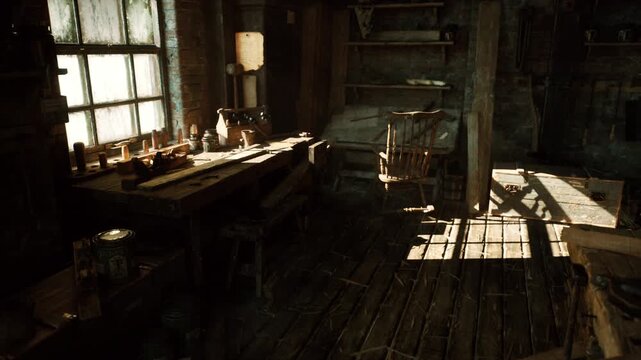 sunlit wooden workshop with cluttered bench, glass jars, mortar and pestle on weathered tabletop, dust motes floating through broken window, creaking