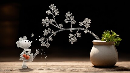 Miniature Gardener Watering Metal Flower Sculpture.