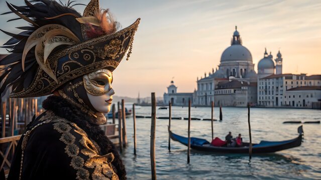 Venetian carnival mask portrait with gondola and St Mark's Basilica sunset backdrop in Venice Italy