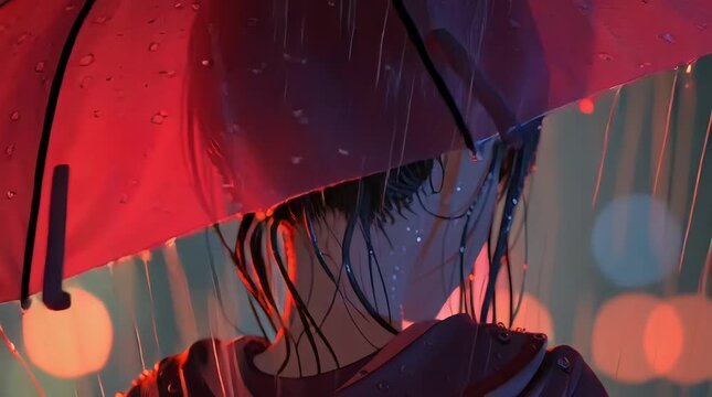 Animation of Anime Woman Standing in the Rain at Night While Holding Umbrella with Wet Hair