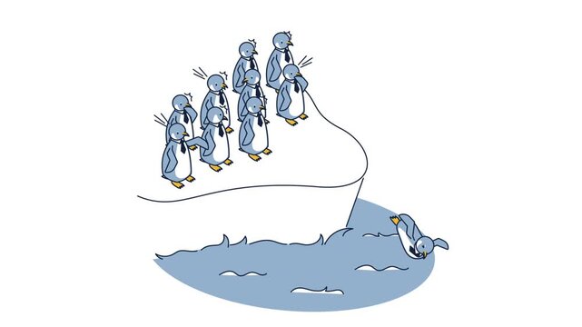 勇気を持って海に飛び込むファーストペンギン ビジネス 概念イラスト（ループ）