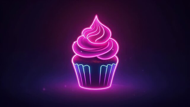 A vibrant neon pink and blue cupcake glowing in the dark, featuring swirling frosting and a stylized wrapper.