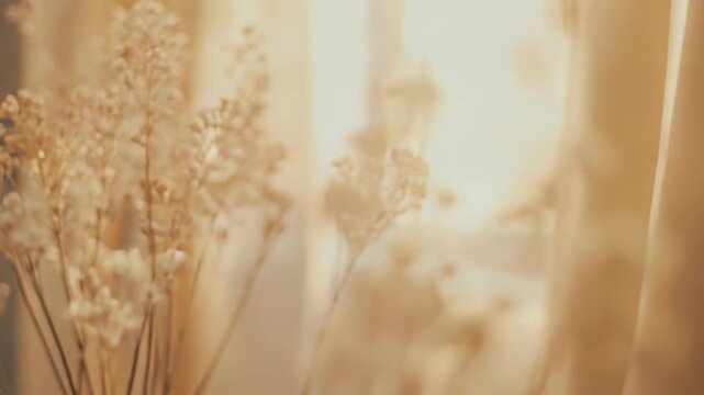 Dried plant texture with delicate stems and tiny blooms capturing soft diffused sunlight, casting gentle shadows and bringing a minimalist, serene, and warm aesthetic to an interior space