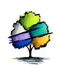 Obraz premium Abstract tree illustration with segmented colorful foliage and black ink trunk on white paper