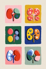 Set of six stylized human kidney illustrations with diverse abstract patterns and color combinations