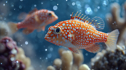 Fototapeta premium A pair of colorful fish swimming in a vibrant aquarium. The fish are adorned with striking patterns, creating a mesmerizing underwater scene