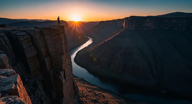 A lone figure standing on a cliff edge overlooking a winding river at sunset with warm orange hues and majestic landscape views.