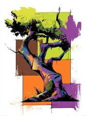 Stylized drawing of a gnarled tree with vibrant colors and abstract geometric background