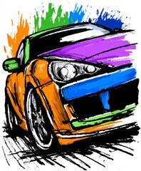 Dynamic illustration of a sports car with bold strokes and abstract color splashes