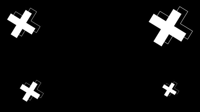 Abstract geometric shapes with a white cross symbol against a black background, representing a clean and modern design