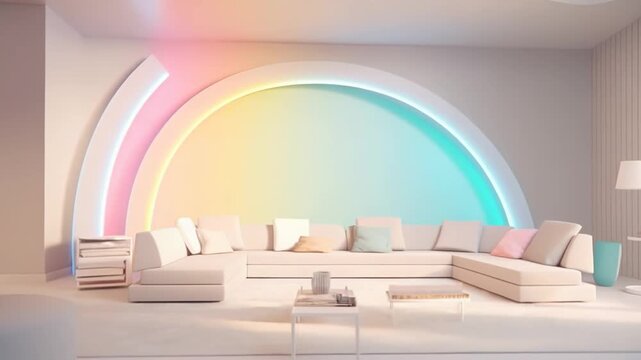 Contemporary living space showcasing a large sectional sofa and minimalist decor, emphasizing an arched wall with vibrant, gradient neon lighting creating a serene and stylish atmosphere
