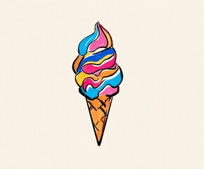 Abstract illustration of a multicolored soft serve ice cream cone with vibrant swirls on a neutral background