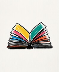 Open book with colorful pages in hues of yellow, pink, blue, green, and orange, on a light background