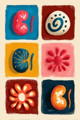 Stylized icons of kidneys and flowers in colorful squares, graphic art illustration