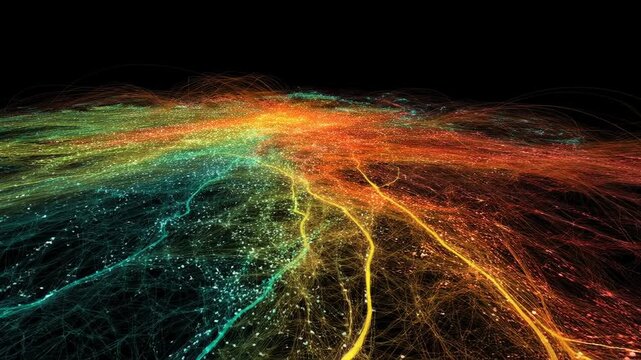 Futuristic green computing with holographic screens concept. Visual representation of data flows in a vibrant, interconnected digital environment.