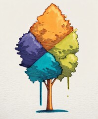 Abstract tree with colorful leaves and trunk illustration in watercolor and ink art style