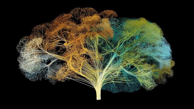 Futuristic green computing with holographic screens concept. A visually striking representation of a digitally rendered brain-like structure.