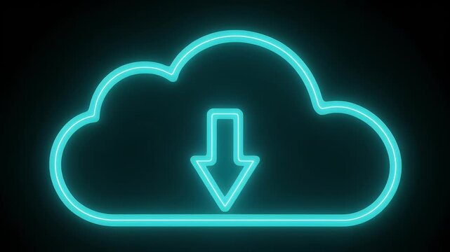 Neon blue cloud icon with a downward arrow symbolizing data download or cloud storage on a dark background.