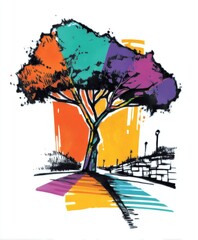 Abstract landscape with colorful tree and pathway in vibrant hues of orange, yellow, teal, and purple