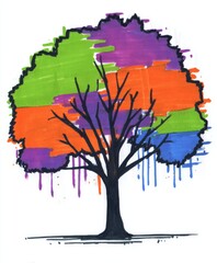 Colorful abstract tree drawing with thick branches and vibrant foliage in green, orange, purple, and blue hues