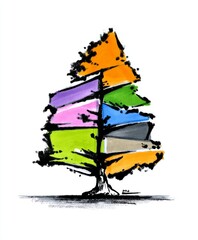 Abstract geometric tree drawing with colorful segments in orange, purple, green, blue, pink, and gray on white