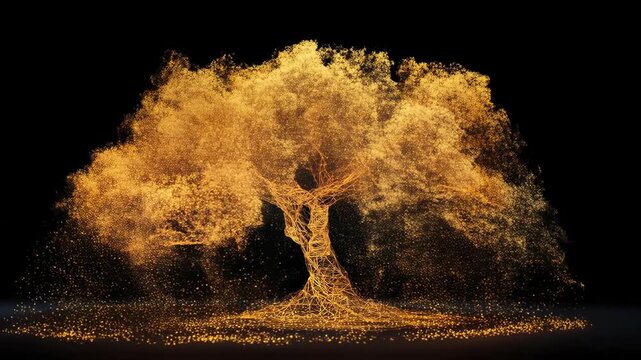 Futuristic green computing with holographic screens concept. A digital tree with glowing particles representing nature and technology intertwined.