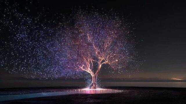 Futuristic green computing with holographic screens concept. A glowing tree made of lights stands at a tranquil lakeside at night.