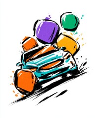 Abstract car with colorful paint splatters and dynamic motion effect