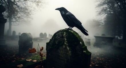A raven perched on mossy gravestone in an eerie graveyard.