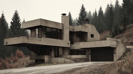 Modern Brutalist Concrete House in Forested Hills.