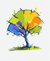 Geometric stylized tree painting with angular branches and bright blocky color splashes