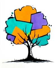 Abstract colorful tree with geometric shapes, modern artistic illustration featuring vibrant orange, purple, and teal