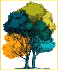 Stylized tree with layered foliage in vibrant yellow green teal and orange colors, drawing