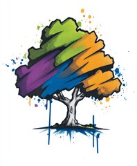 Artistic tree with colorful graffiti style leaves and dripping paint effect on white background