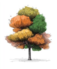Autumn tree with colorful leaves in shades of green orange and yellow, textured illustration