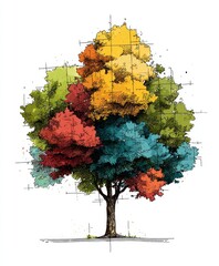 Abstract watercolor sketch of multicolored tree with technical drawing lines and artistic ink splatters on white background