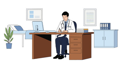 Male doctor in a white coat sitting at his office desk writing notes with medical equipment and a patient bed nearby.