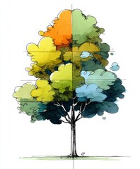 Architectural landscape sketch of tree with quadrant color sections and technical drafting lines in watercolor