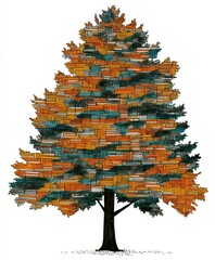 Stylized tree with mosaic of orange and teal rectangular shapes forming its foliage on white background